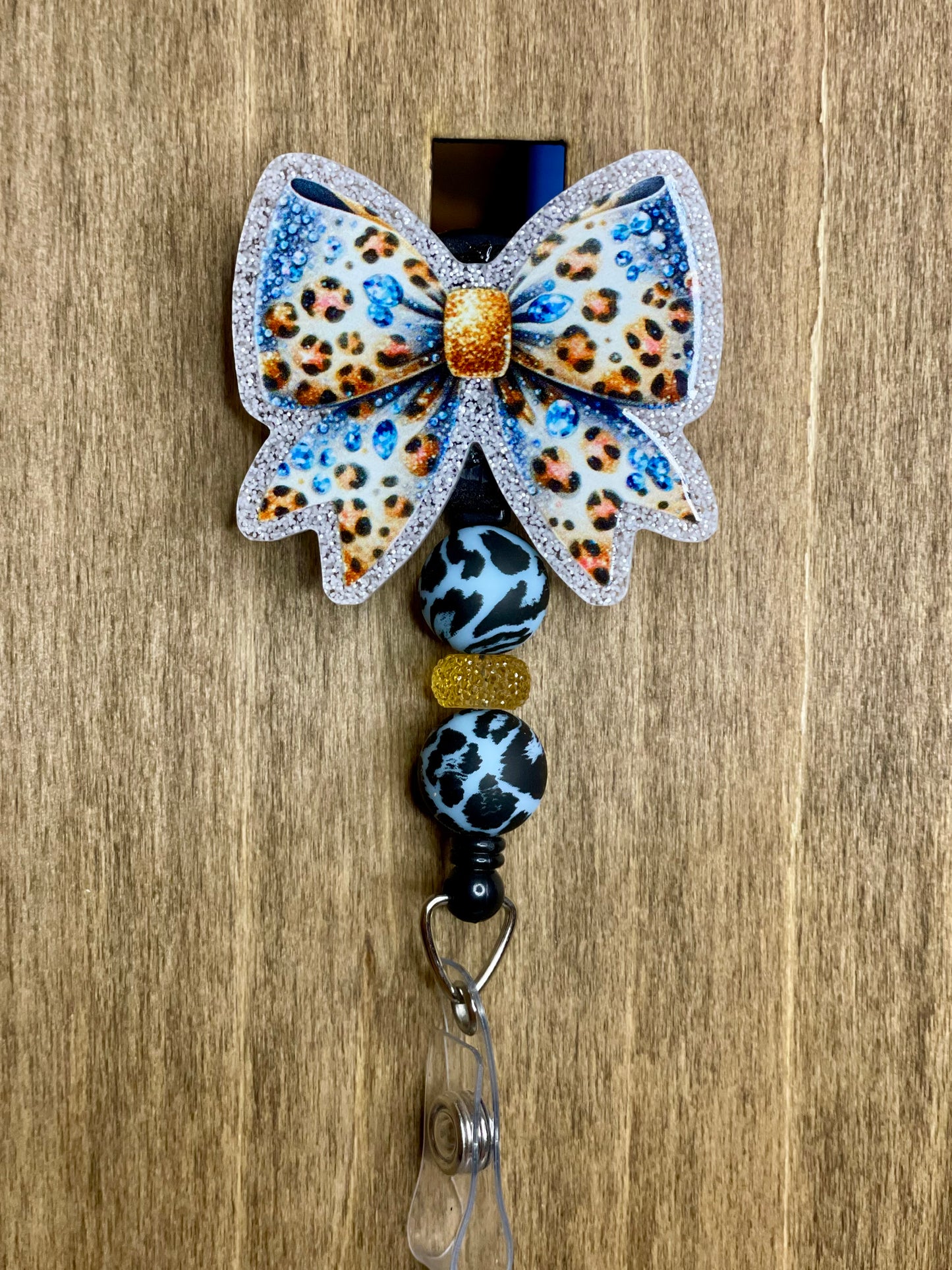Blue leopard print bow