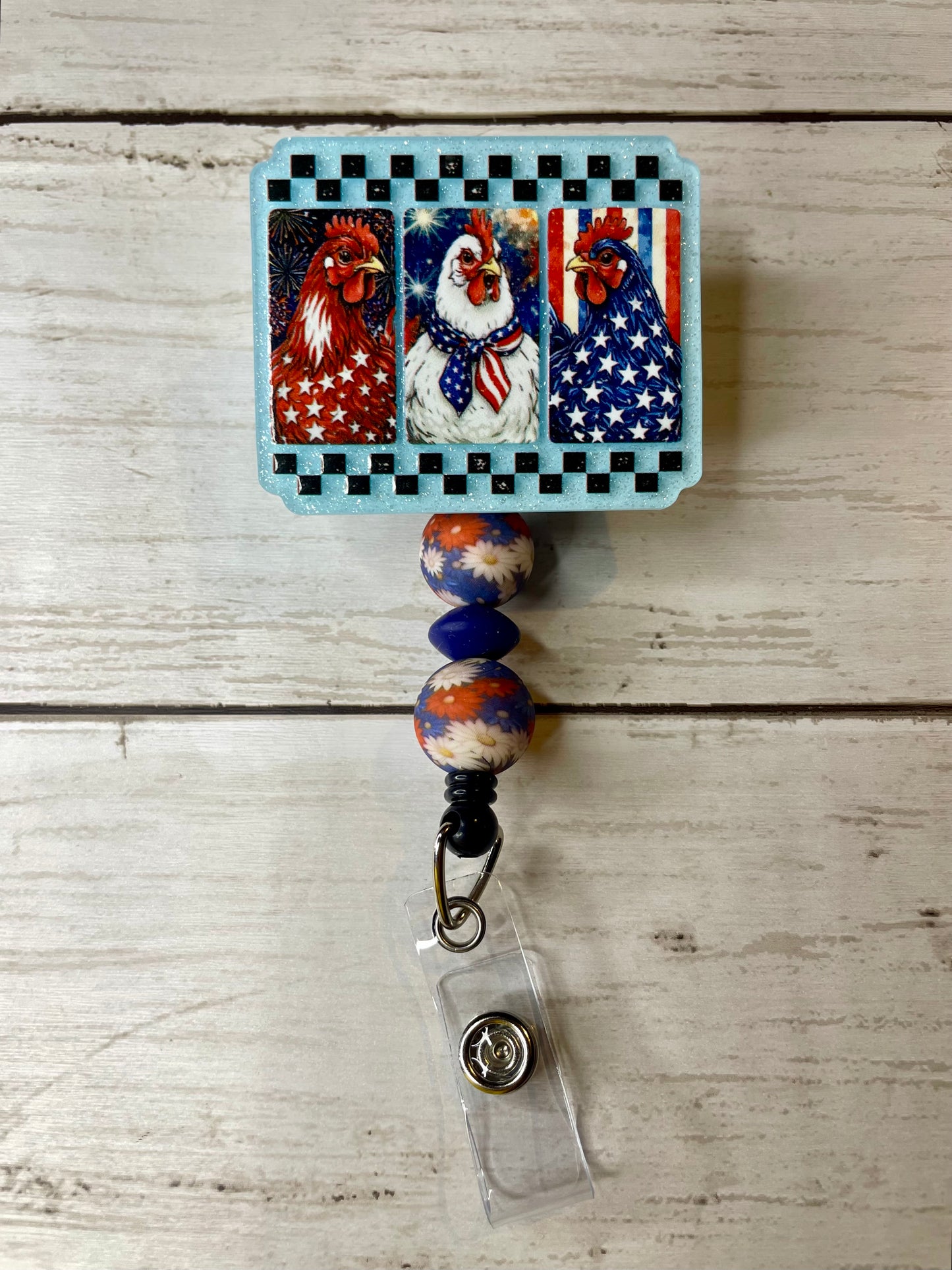 Patriotic chicken badge reel